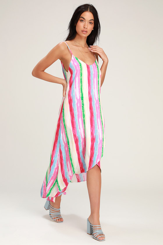 Magenta Multi Stripe Dress - Striped Dress - High-Low Dress - Lulus