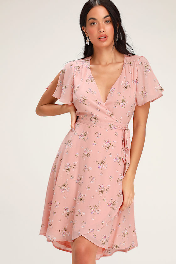 Lovely Pink Floral Print Dress Midi Wrap Dress Midi Dress