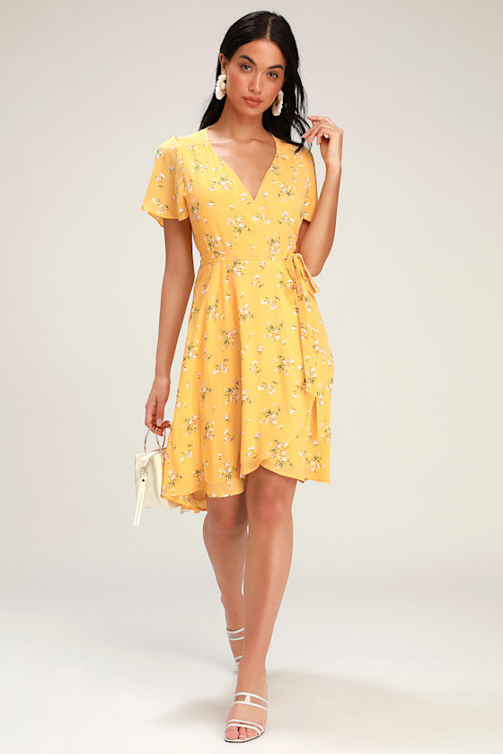 Rise to the Occasion Yellow Floral Print Midi Wrap Dress 1
