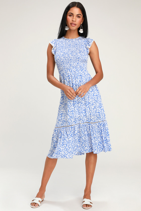 Lost + Wander Pick Me - Blue Floral Midi Dress - Smocked Dress - Lulus