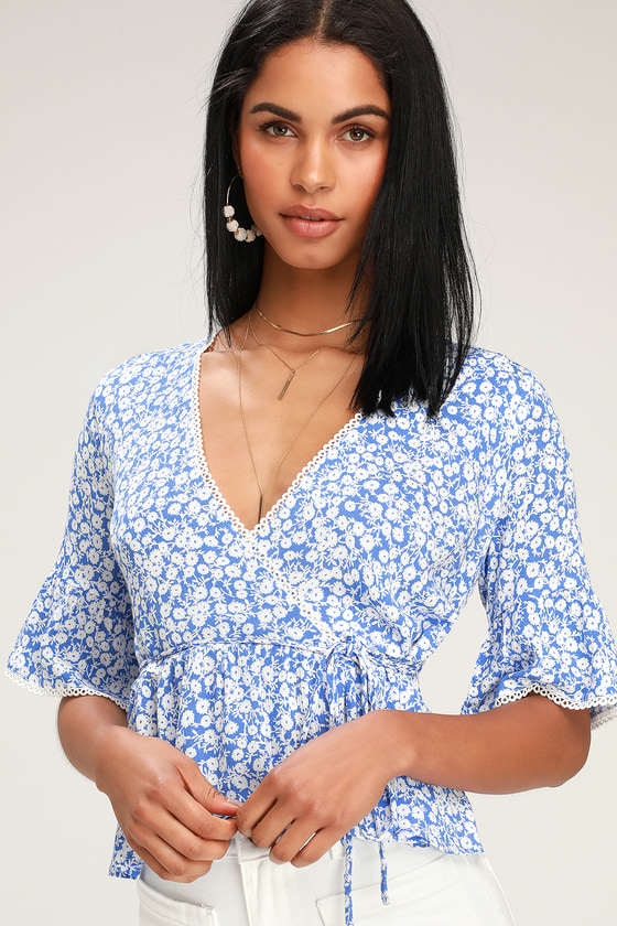 Pick Me Blue and White Floral Print Wrap Top