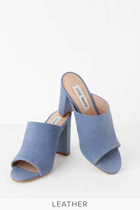Esmeralda Blue Nubuck Leather Peep-Toe Mules 2