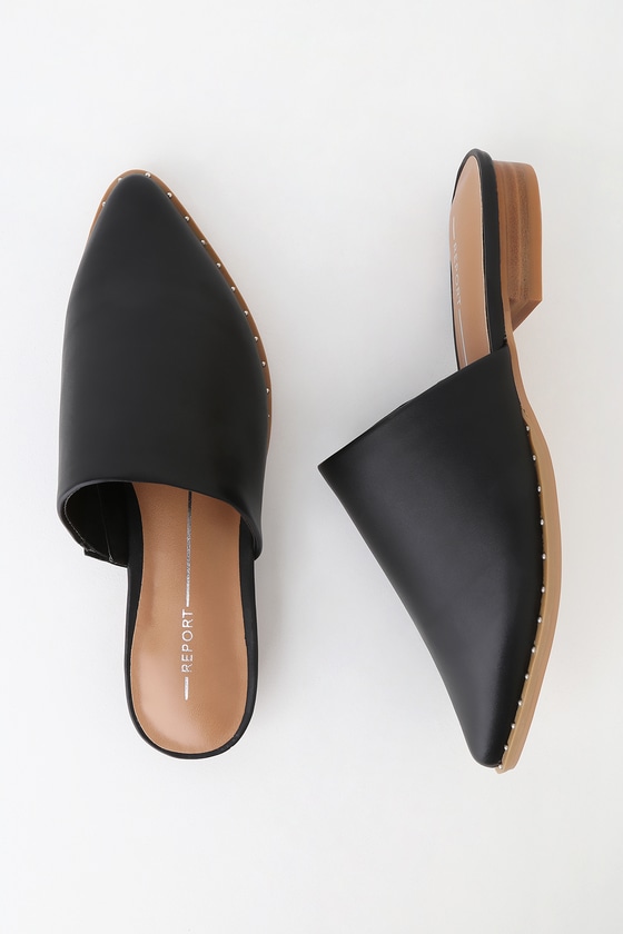 black pointed toe flat mules