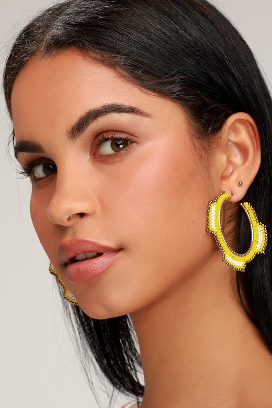 Lovely Yellow Earrings Beaded Hoops Beaded Hoop Earrings Lulus