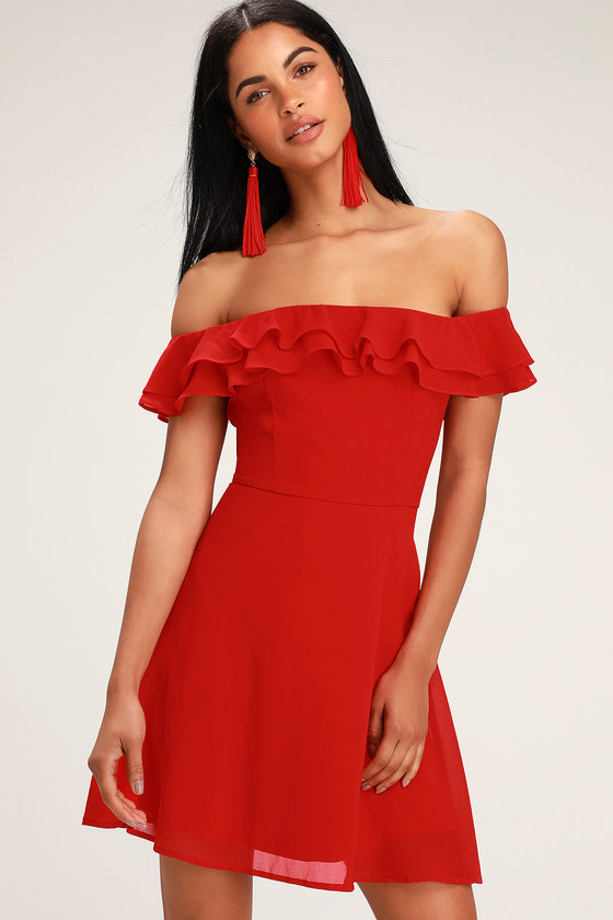 red ruffle shoulder dress