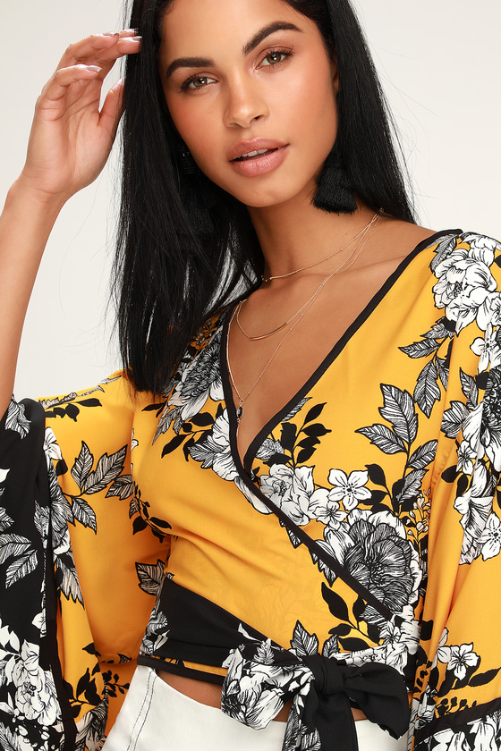 Sexy Mustard Yellow Top - Floral Print Top - Floral Wrap Top - Lulus