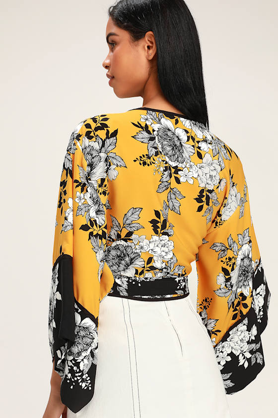 Sexy Mustard Yellow Top Floral Print Top Floral Wrap Top Lulus
