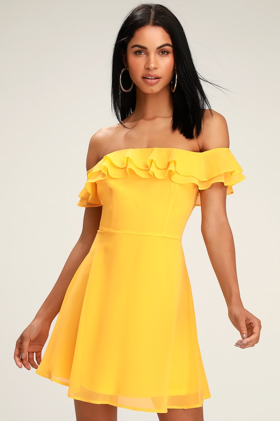 Fun Yellow Dress - Yellow Skater Dress - Off-the-Shoulder Dress - Lulus