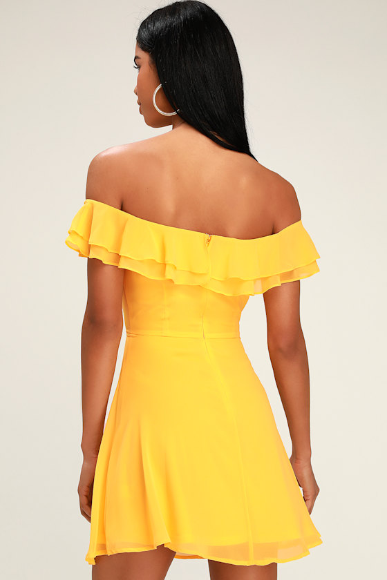 Win Your Heart Yellow Ruffle Off-the-Shoulder Skater Dress 5
