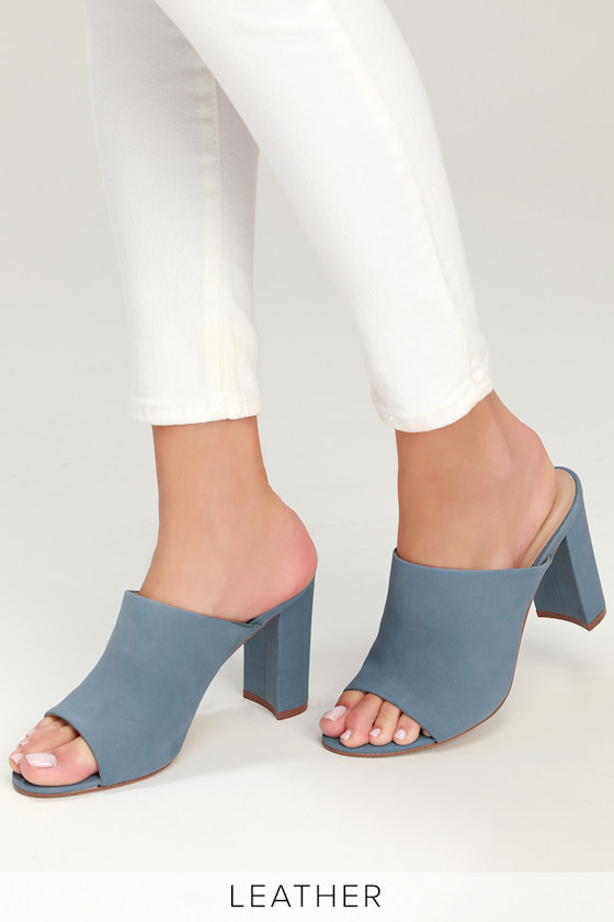 Esmeralda Blue Nubuck Leather Peep-Toe Mules 5