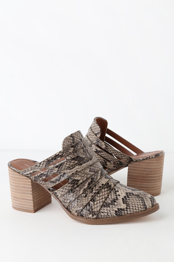 snake print heeled mules
