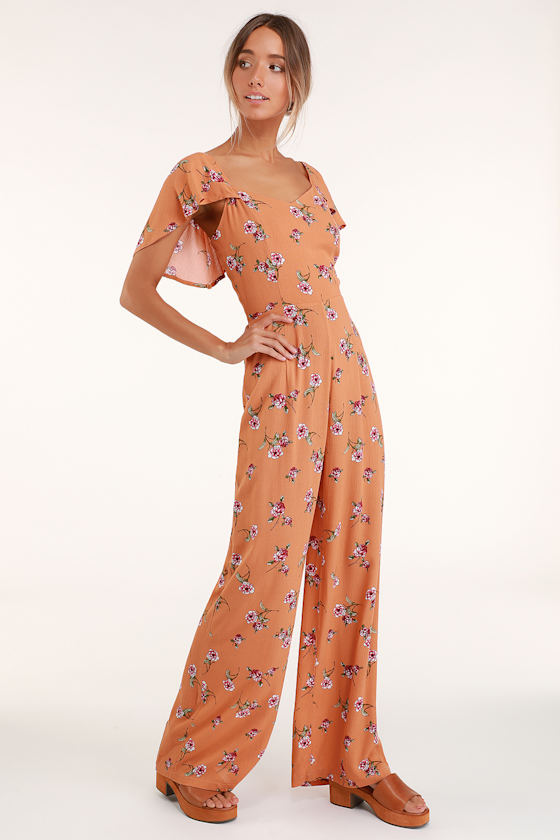 Cute Terra Cotta Floral Print Jumpsuit Floral WideLeg Jumpsuit Lulus