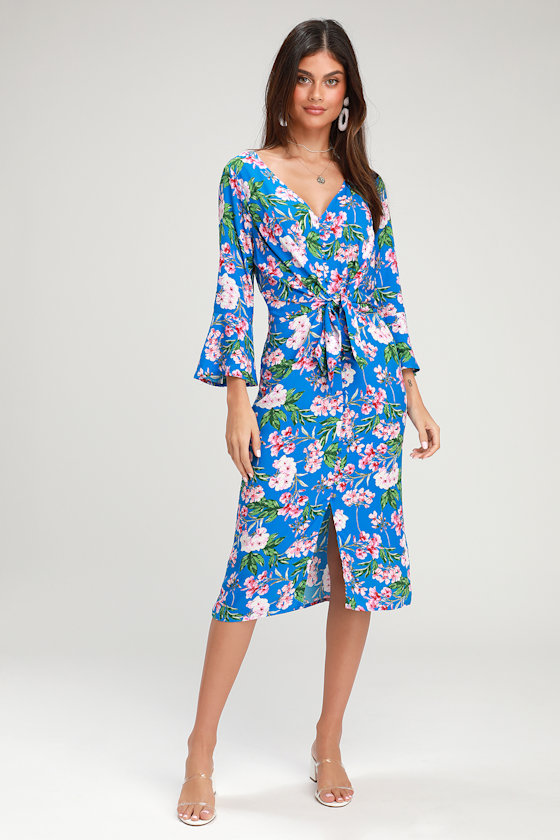 April Royal Blue Floral Print Tying Button Front Midi Dress 1