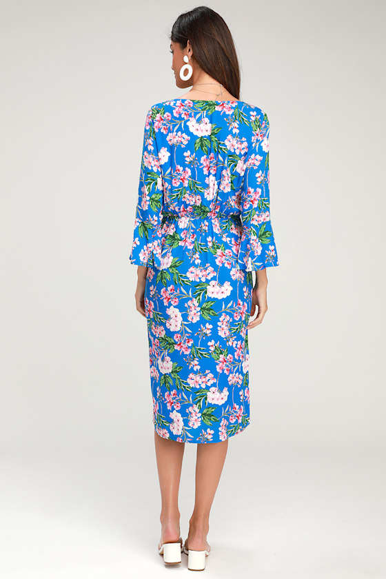 April Royal Blue Floral Print Tying Button Front Midi Dress 4