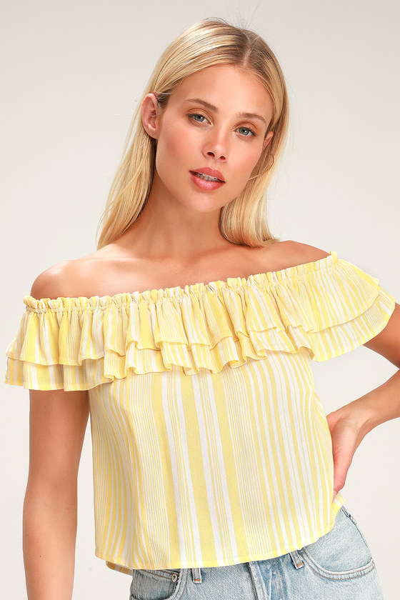 yellow striped off the shoulder top