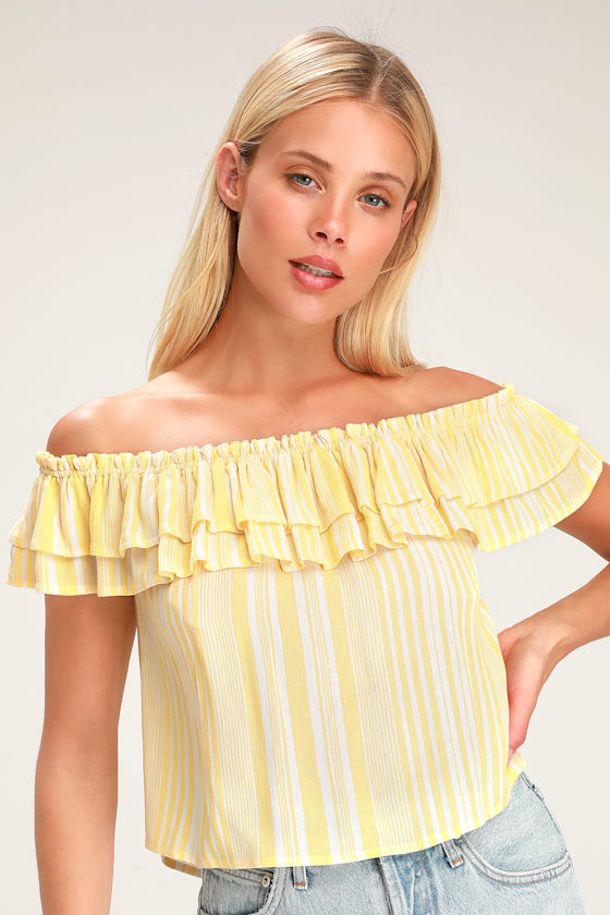 Cute Yellow and White Top Crop Top OfftheShoulder Top Lulus