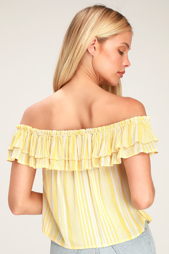Yellow and white striped shop off the shoulder top