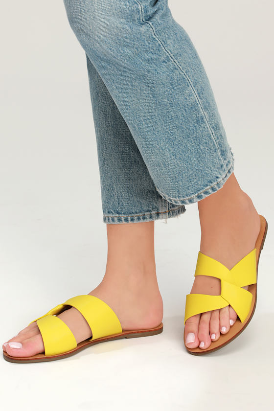 Cute Flat Sandals Yellow Sandals Yellow Slide Sandals Lulus