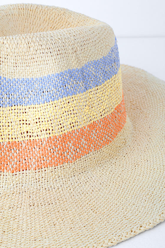 Mountain View Beige Striped Straw Fedora Hat 1