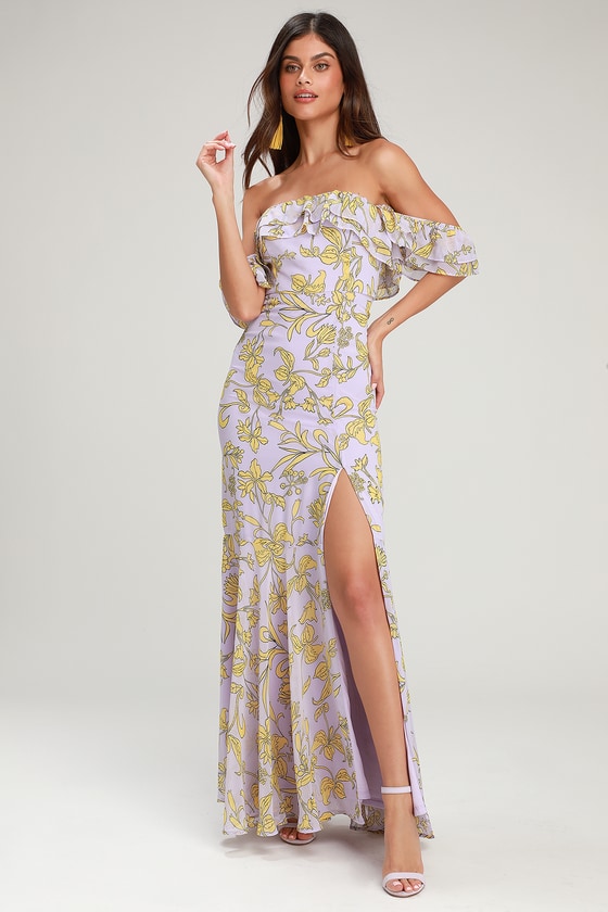 Adelaide Lavender Floral Print Off-the-Shoulder Maxi Dress