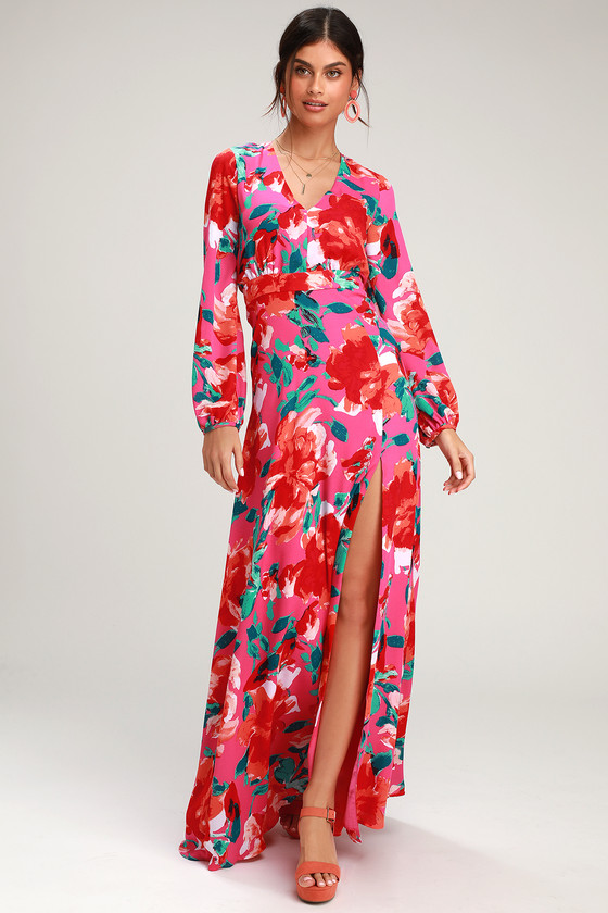 Magenta Floral Print Dress - Maxi Dress - Long Sleeve Dress - Lulus