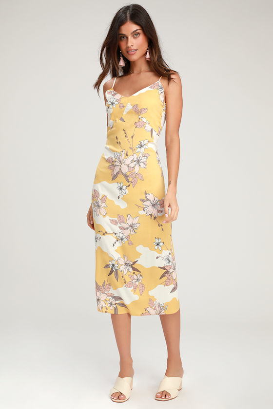 Amuse Society Papaya Yellow Floral Print Dress Yellow Midi Lulus