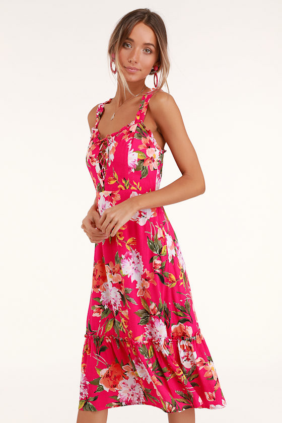 Cute Pink Floral Print Dress - Fuschia Dress - Lace-Up Dress - Lulus