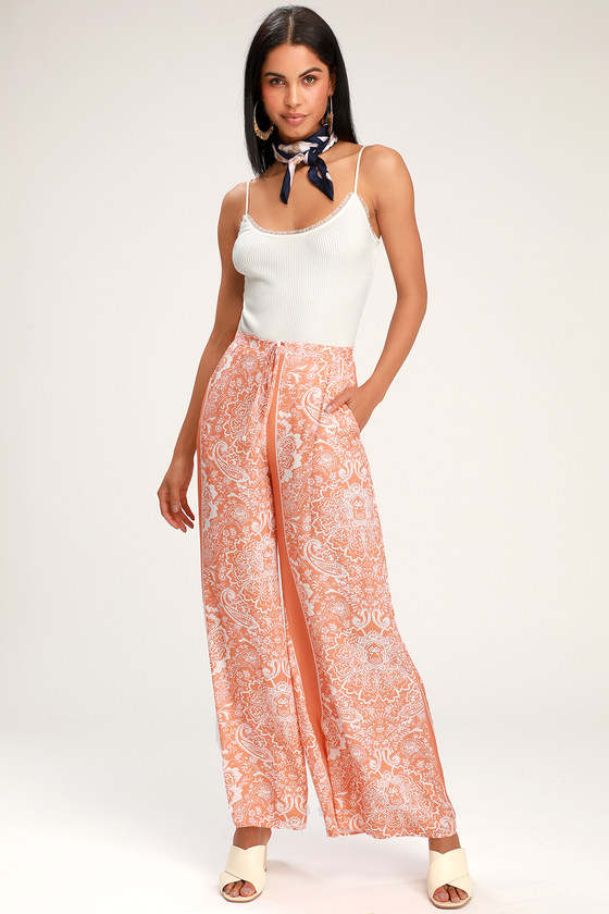 Lovely Coral Orange and White Pants - Wide-Leg Pants - Lulus