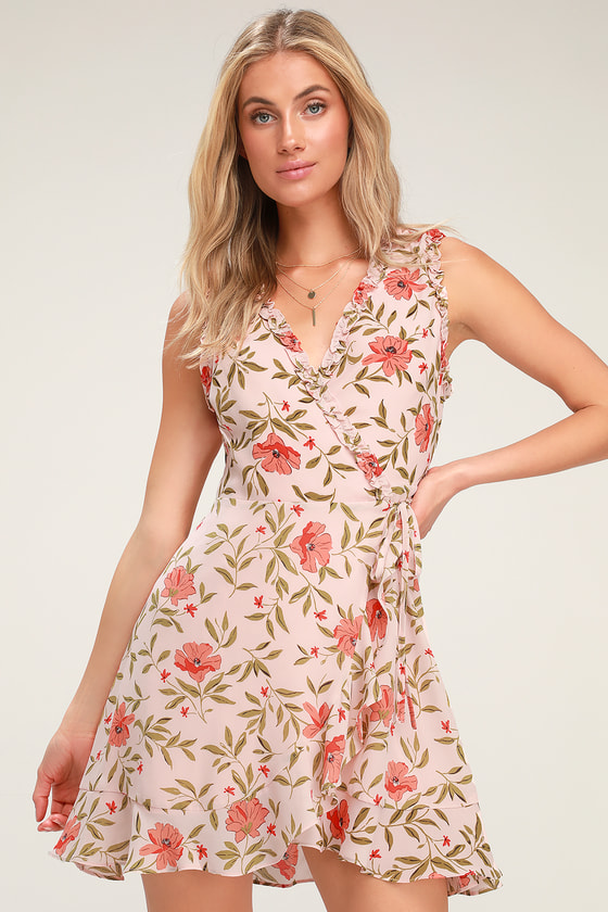 Pink Floral Print Dress - Floral Wrap Dress - Ruffled Wrap Dress - Lulus