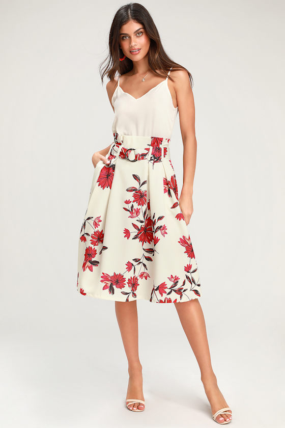 Begonia Be Mine Cream Floral Print Belted Midi Skirt 1