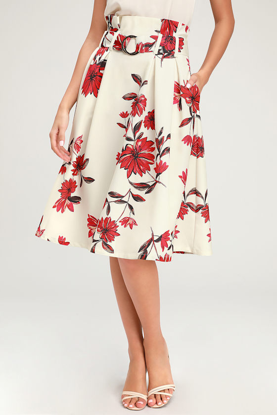 Begonia Be Mine Cream Floral Print Belted Midi Skirt 2
