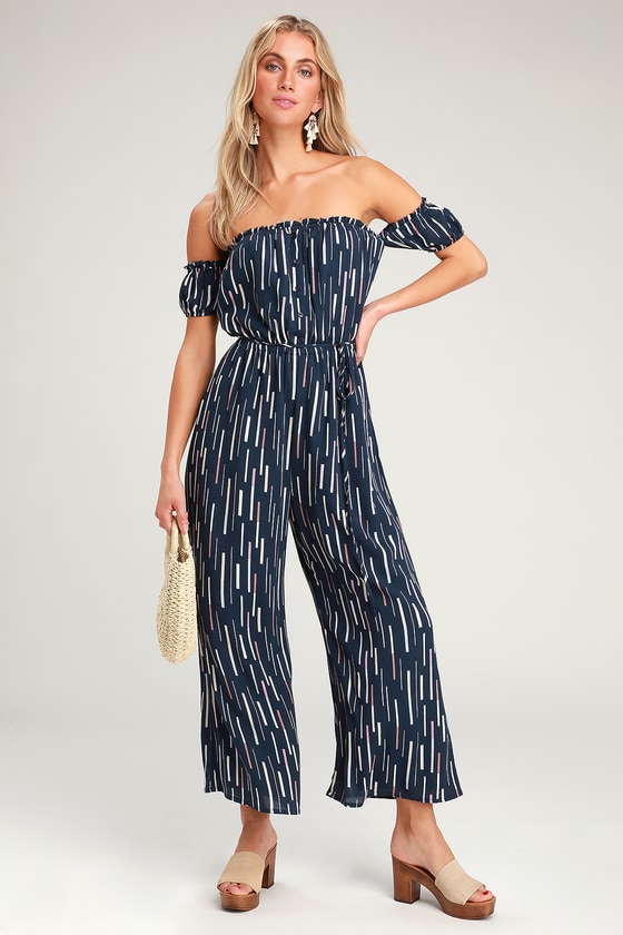 navy off the shoulder jumpsuit