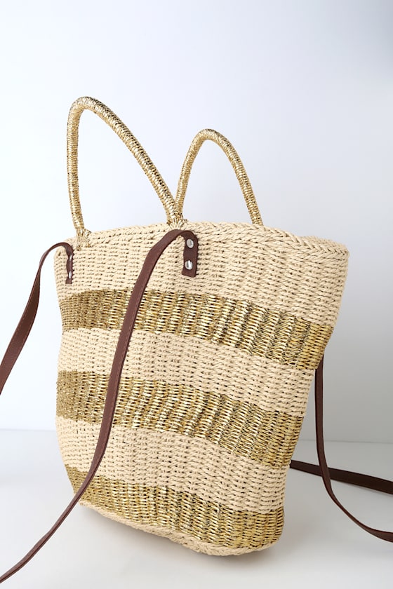 Around the Harbor Beige and Gold Striped Woven Tote 3