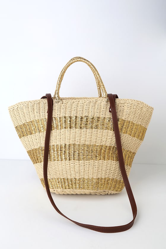 Around the Harbor Beige and Gold Striped Woven Tote 4
