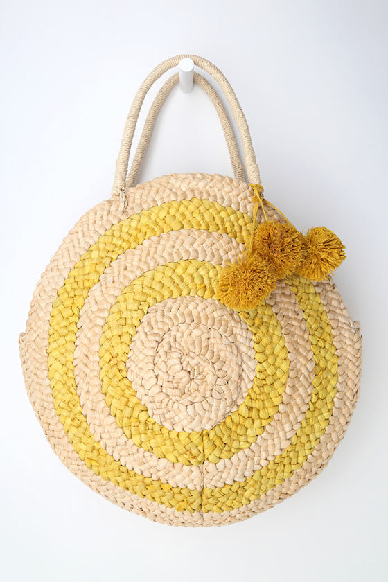 Fun Beige and Yellow Tote - Round Tote - Woven Tote - Beach Bag