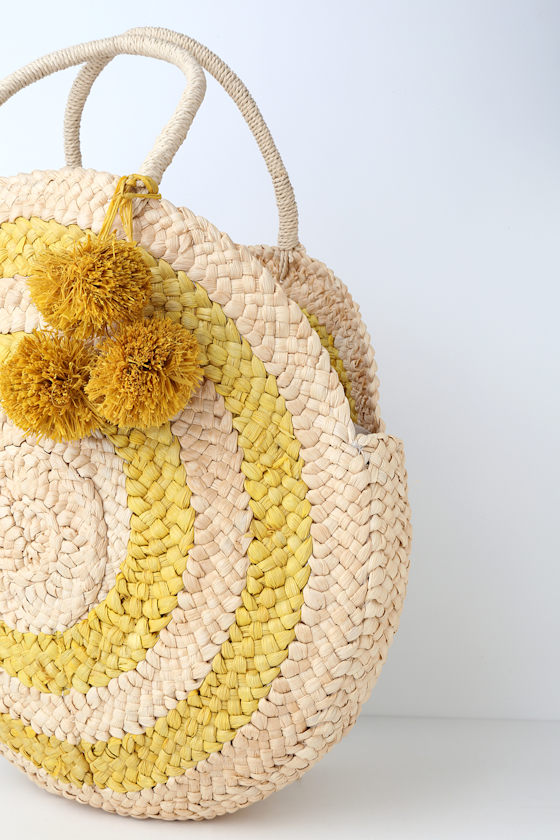 Andros Beige and Yellow Round Woven Tote 4