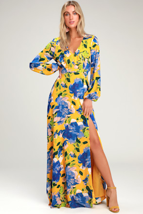 Yellow Floral Print Dress - Maxi Dress - Long Sleeve Dress - Lulus