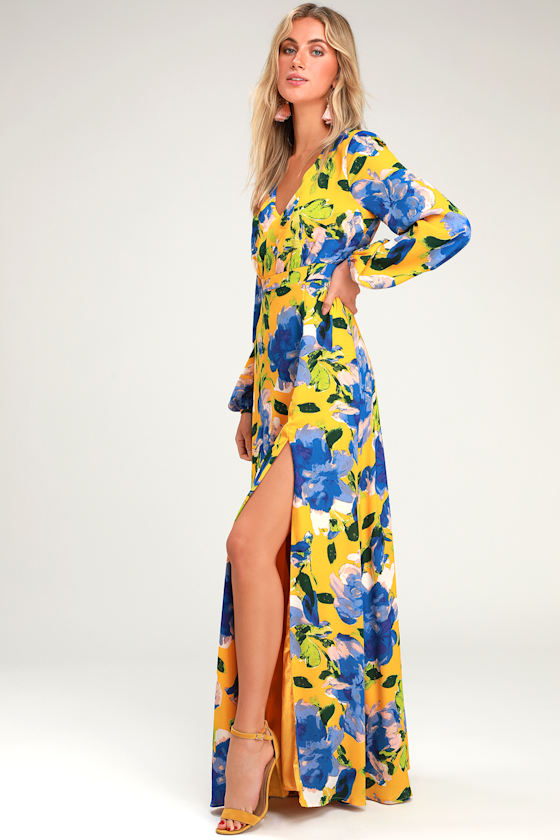 Yellow Floral Print Dress - Maxi Dress - Long Sleeve Dress - Lulus