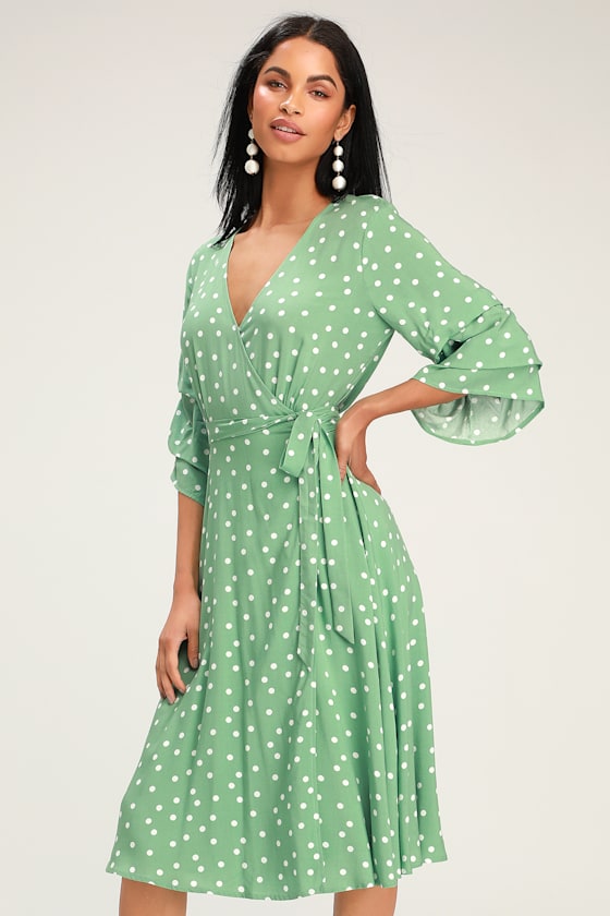 Socialite Sage Green and White Polka Dot Wrap Midi Dress 2