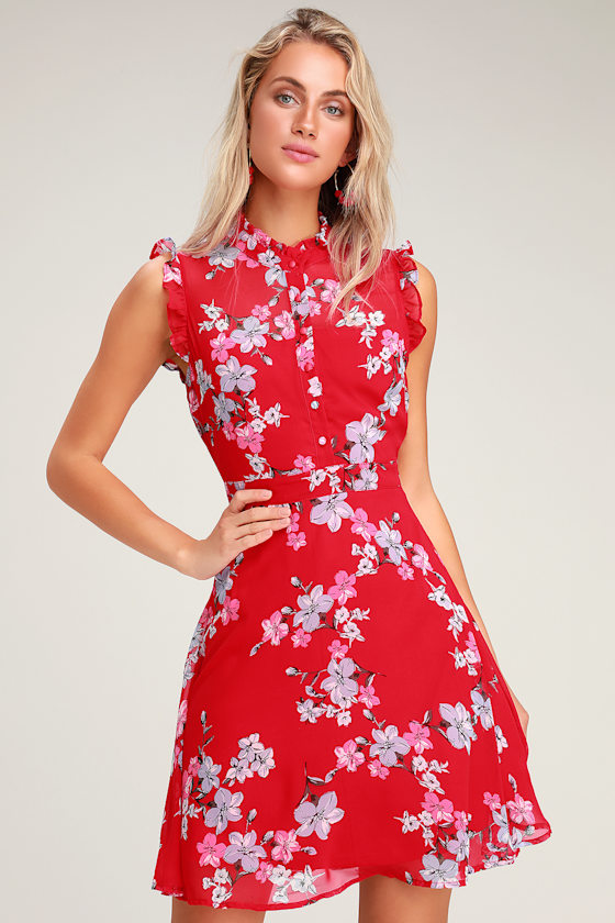 Cute Red Floral Print Dress - Red Floral Print Dress - Red Skater - Lulus