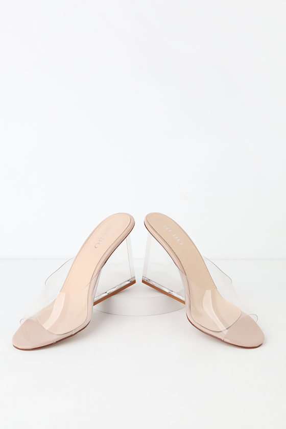 Taylee Clear and Nude Patent Lucite High Heel Wedge Sandals 7