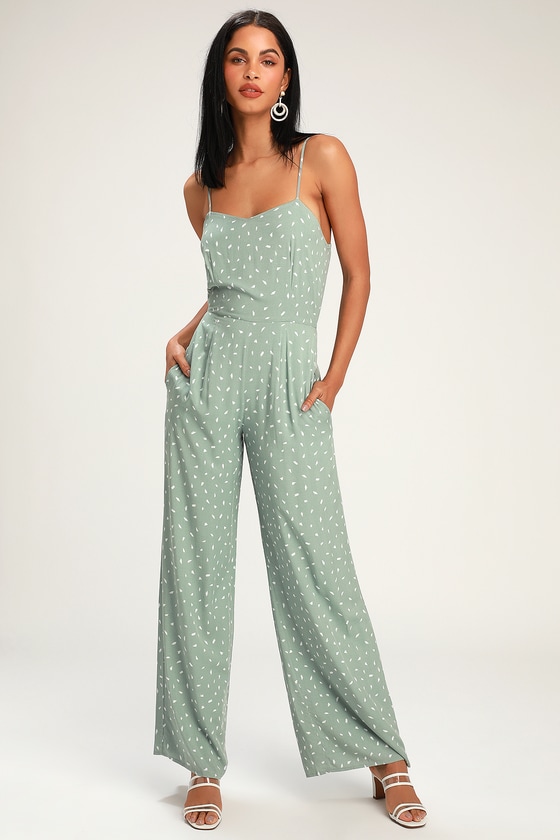 In Demand Sage Green Print Sleeveless Wide-Leg Jumpsuit