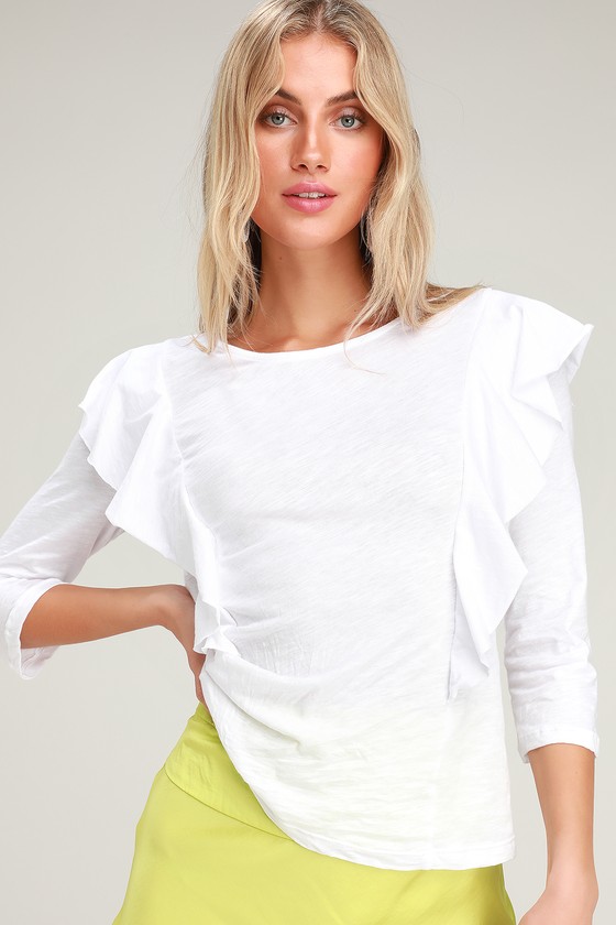 Cute White Top - Ruffled Top - Three-Quarter-Sleeve Top - Lulus