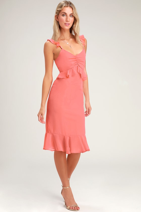 Cute Midi Dress - Coral Pink Midi Dress - Ruffled Midi Dress - Lulus