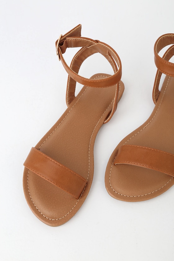 Cognac Leather Geometric Strap Flat Sandals | Lime Lush