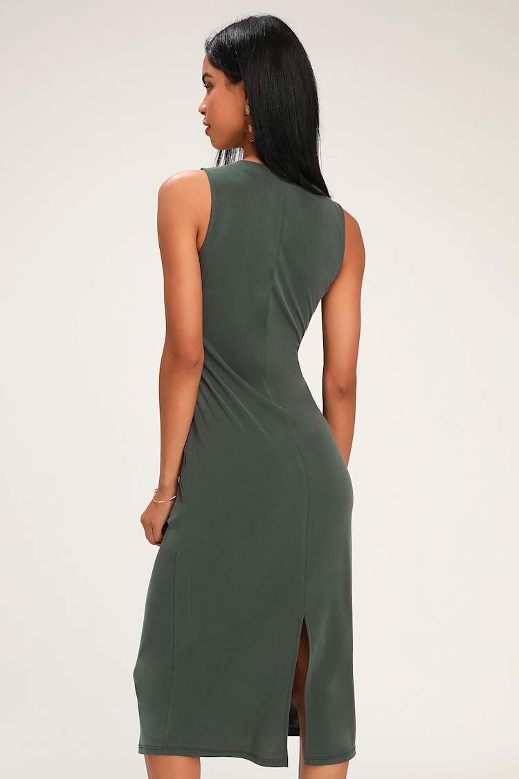 olive green natalia midi dress Cute Washed Olive Green Dress - Sheath Dress - Midi Dress