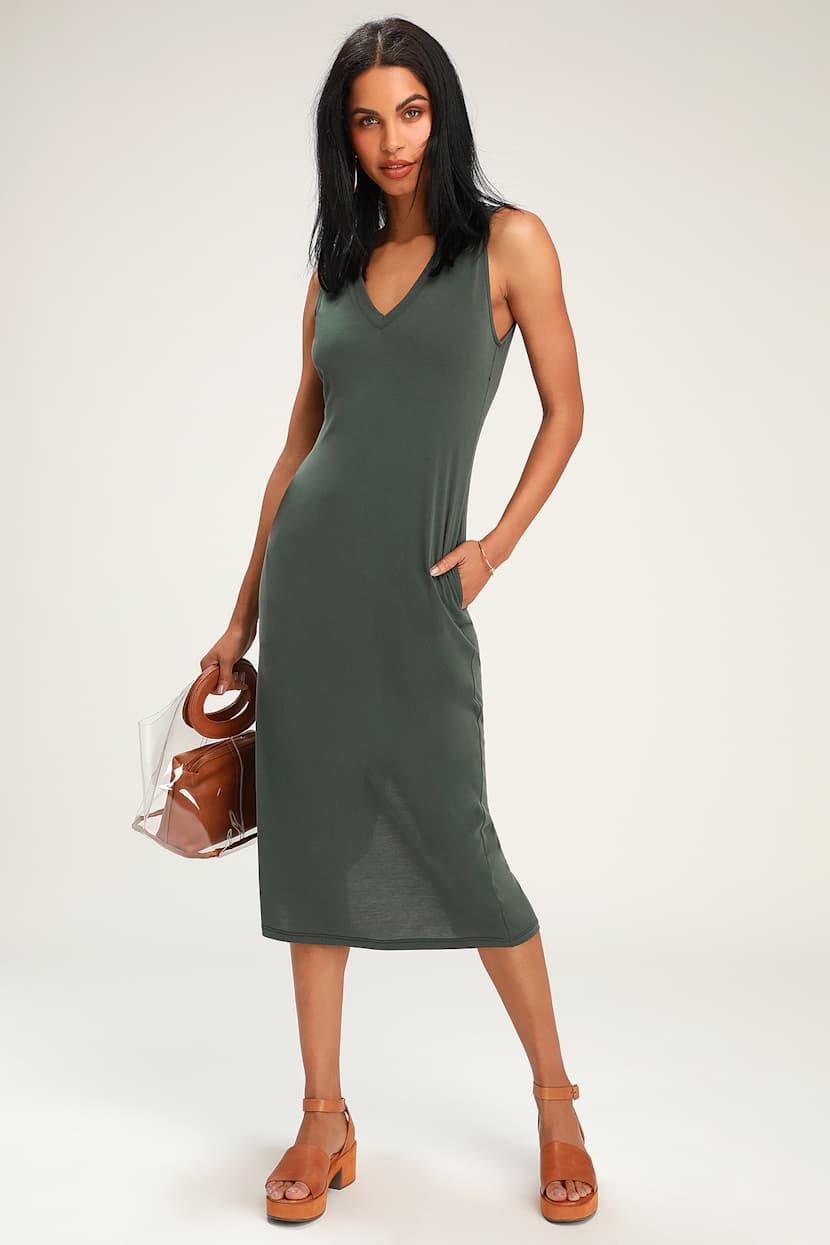 Cute Washed Olive Green Dress - Sheath Dress - Midi Dress - Lulus