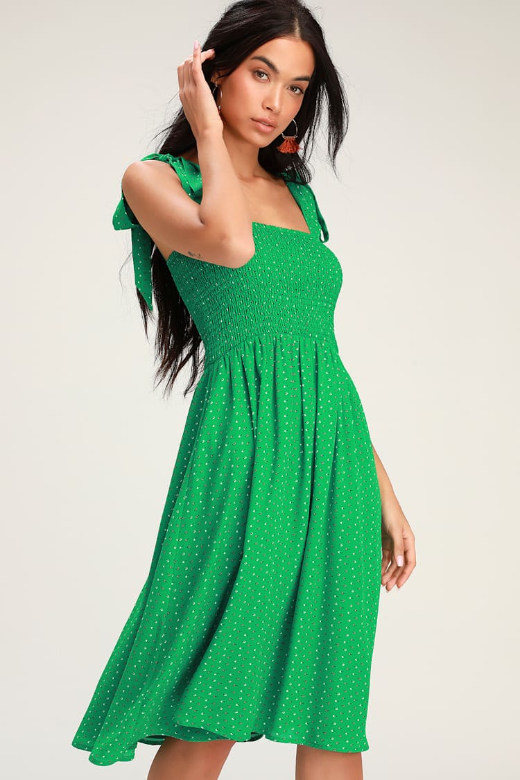 green emerald velvet dress FLUTTER SLEEVE SMOCKED MIDI DRESS – La Bella Rose Boutique main image 1