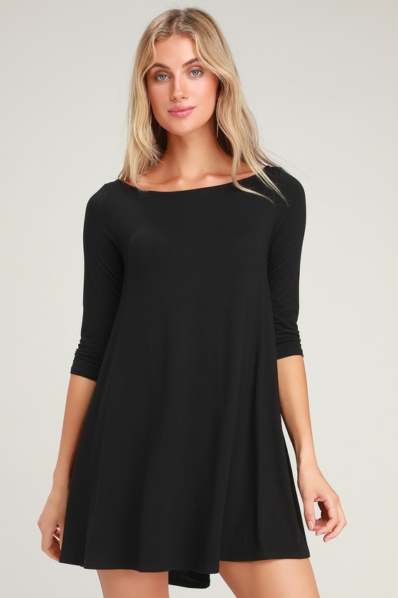 Cute Black Dress - Three-Quarter Sleeve Dress - Swing Dress - Lulus