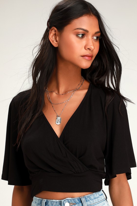 black short sleeve wrap top